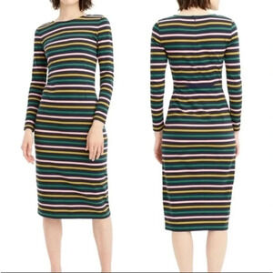 J. Crew Long Sleeve Striped Multicolor Sheath Midi Dress Round Neck Sz 4 Cotton